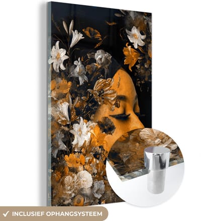 MuchoWow® Glasschilderij 40x60 cm - Schilderij acrylglas - Bloem - Vrouwen - Goud - Foto op glas - Schilderijen