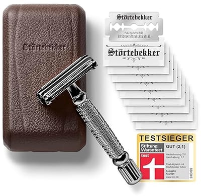 Störtebekker® Premium Safety Razor 'Hamburg' (Zwart) - incl. leren etui (Café) en 10 scheermesjes - Scheerset Unisex - Scheermes / Veiligheidsscheermes - Double Edge / Single Blade Razor Zero Waste