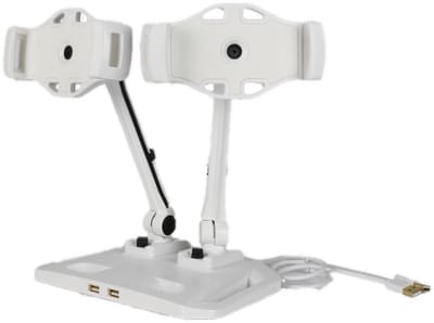 DELTACO ARM-267 Standaard met 2-armen, Universele houders voor Smartphone & Tablet (4 – 12,2 inch), 360 graden rotatie, 2 ingebouwde USB 2.0-poorten, wit