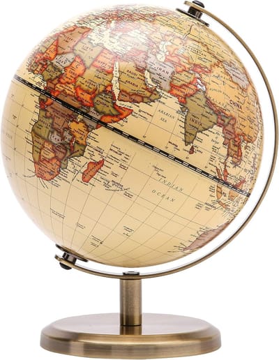 Famanu – Antieke mini wereldbol 14 cm met metalen boog en voet, decoratief en educatief voor bureau of woonkamer