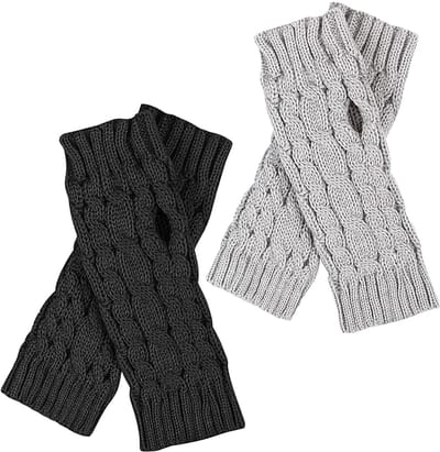 Vingerloze winterhandschoenen - 2 paar gebreide armwarmers en polswarmers voor dames en heren - uniseks zwart en grijs - Eén maat - Warme handwarmers voor koude dagen