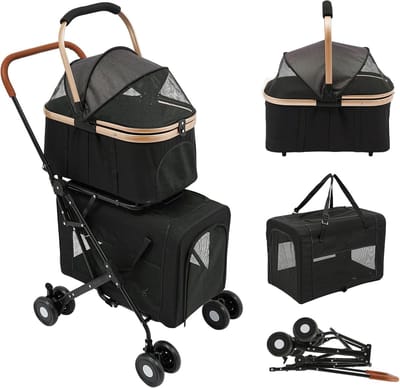 Hondenbuggy 3-in-1 - Dierenwagen Reizen - Bos en Stad - Opvouwbaar Met Remmen - Tot 35 kg - Zwart