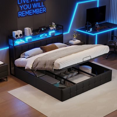 Opbergbed 140x200 met LED & USB – Bed met Hoofdbord en Opbergplanken – Zwart PU