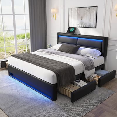 PHOEBE CAT Tweepersoonsbed - 140 x 200 cm - USB-oplaadpunt - LED-verlichting - 4 lades - PU - Zwart