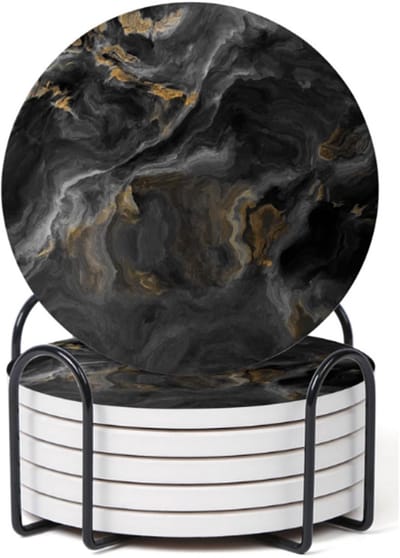 Set van 6 - Matte Onderzetters voor Glazen - Bekers - Kopjes – Zwart Marmer Design met Goudaccent – Kurk Onderkant – Inclusief Houder - 10 cm diameter