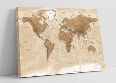 Wereldkaart Canvas - Kaart Kunstwerk - Wanddecoratie Huis - Levendige Prints - 76 x 50 cm - Vintage