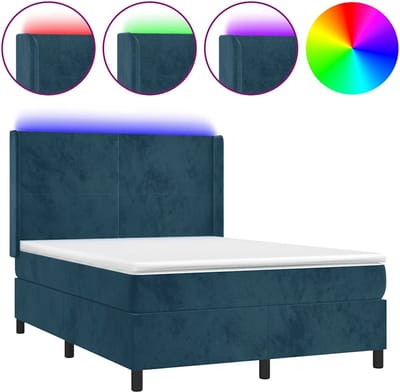 vidaXL - Boxspring - met - matras - en - LED - fluweel - donkerblauw - 140x200 - cm