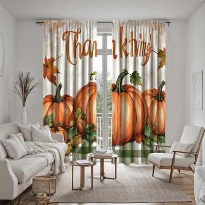 2 stuks HD Thanksgiving Oranje pompoen decoratief gordijn Oranje digitaal bedrukt gordijn Huisdecoratie stijl decoratie woonkamer W52H63inchW132H160cm white