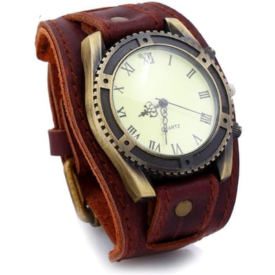 Retro Horloge Grote Brede Echt Lederen Band Horloge Mannen Punk Kwarts Manchet Horloge Polshorloges Armband Ongewoon Polshorloge gray