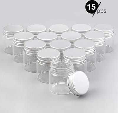 MGM Trading 15 STKS 50 ml Clear Glazen Flessen Candy Fles met Aluminium Schroef Top Lege Sample Potten met 2 Vellen Labels voor Spice Kruiden Kleine Items Opslag Bruiloft Gunsten