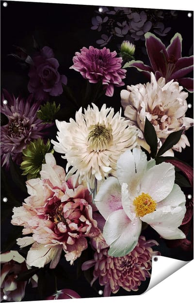 Gards Tuinposter Diverse Bloemen op Zwart Achtergrond - 90x120 cm - Tuindoek - Tuindecoratie - Wanddecoratie buiten - Tuinschilderij