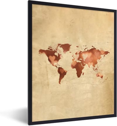 Fotolijst incl. Poster - Wereldkaart - Hart - Bruin - 30x40 cm - Posterlijst