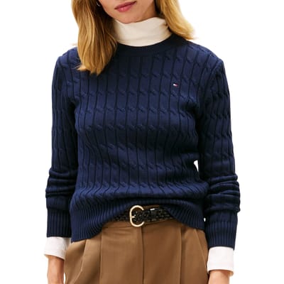 Tommy Hilfiger Cable Knit Crew Neck Jumper Dark Night Navy Maat: S | Sweaters Outlet | Dames | Blauw