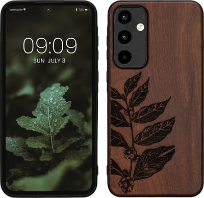 kwmobile telefoonhoesje geschikt voorSamsung Galaxy A55 5G - Hoesje met bumper - hout - In donkerbruin Bladertak design