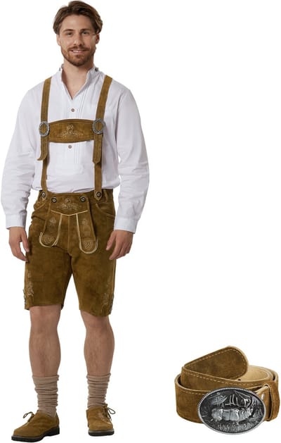 dressforfun - Authentieke Korte Lederhosen Jakob - Met Riem en Bretels - Echt Leer - Olijf - 50 - Oktoberfest Kleding Man - Herenkostuum - Verkleedkleding - Duitse Klederdracht - Carnavalskleding - Klederdrachtvest - Traditionele Leren Broek