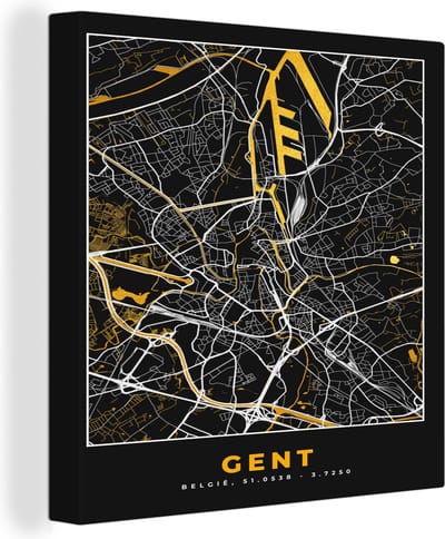 Canvas Schilderij Gent - Stadskaart - Plattegrond - Goud - Kaart - 20x20 cm - Wanddecoratie