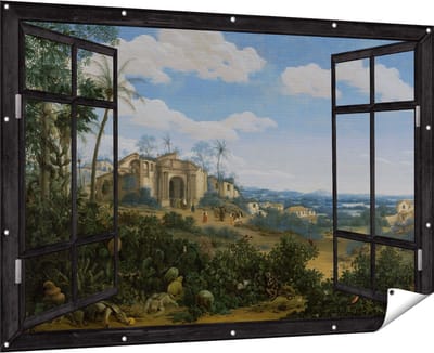 Gards Tuinposter Doorkijk Gezicht op Olinda, Brazilië - Frans Jansz. Post - 180x120 cm - Tuindoek - Tuindecoratie - Wanddecoratie buiten - Tuinschilderij