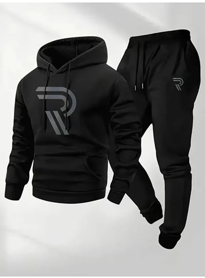 Trainingspak heren – hoodie heren – sportkleding heren – katoen – tracksuit heren met modern R-design – Zwart – XS