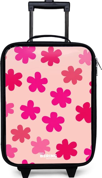 NoBoringSuitcases.com® - Kinderkoffer jongen - Kindertrolley meisje - Roze bloemen - Koffer kind lichtgewicht - Reiskoffer trolley voor kinderen - Koffertje met lichtgevende wieltjes - Rolkoffer zwart