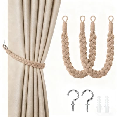 2-pack gordijnbanden - 60cm gordijnkoordgesp - handgeweven gordijnbanden - gedraaide gordijnbanden - met haken - geschikt voor thuis, kantoor, woonkamer, slaapkamer