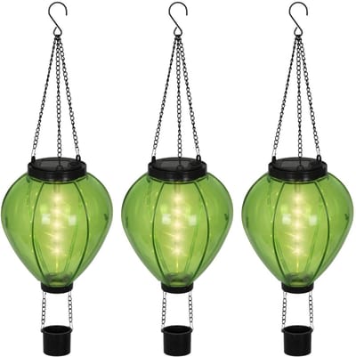 Lumineo solar luchtballon lantaarn - 3x - groen - H26 x D14 cm - kunststof - vlam effect - tuinverlichting
