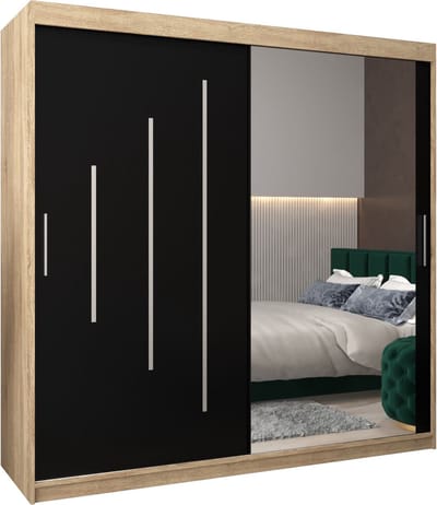 InspireMe - Kledingkast met 2 schuifdeuren, Modern-stijl, Een kledingkast met planken en een spiegel (BxHxD): 200x200x62 - MALTESE II 200 Sonoma Eik + Zwart Mat