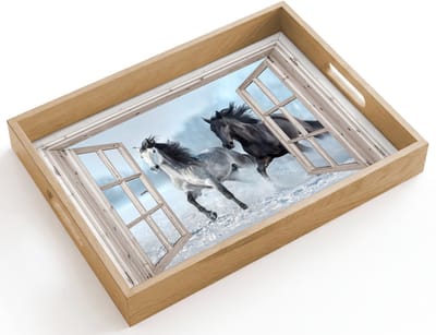 Dienblad hout 40x30 cm - Schootdienblad - Doorkijk - Paarden - Winter - Dieren - Natuur - Wit - Borrelplank rechthoek - Plateau dienbladen