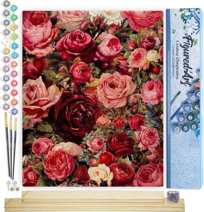 Figured'Art Schilderen op Nummer Volwassenen canvas Romantische rode rozen - Handwerk acrylverf Kit DIY Compleet - 40x50cm met DIY houten lijst