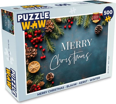 Puzzel Merry Christmas - Blauw - Kerst - Winter - Legpuzzel - Puzzel 500 stukjes - Kerst - Cadeau - Kerstcadeau voor mannen, vrouwen en kinderen