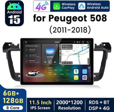 Hexinex 11.5" Octa-Core autoradio Geschikt voor Peugeot 508 (2011-2018) - Draadloos CarPlay, Android Auto, multimediaspeler, 6GB+128GB