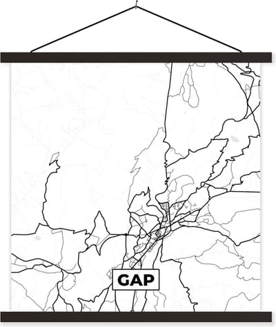 Posterhanger incl. Poster 60x60 cm - Schoolplaat - Frankrijk – Kaart – Gap - Plattegrond – Stadskaart - Zwart wit - Textielposter - Zwarte latten - Stadskaart