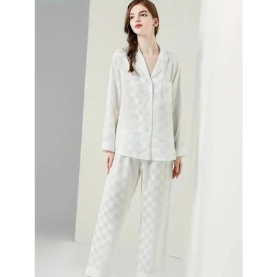 Eenvoudige Lounge Set met Ruitprint, Comfortabele Zak, Revers, Lange Mouwen Tops, Knusse Lange Broek, Dames Loungewear Nachtkleding XXL