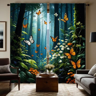Rideau bleu numérique HD en 2 pièces avec vue sur la forêt profonde Style de décoration intérieure Décorer le salon la chambre à coucher Effet rideau à œillets W52H63inchW132H160cm blue