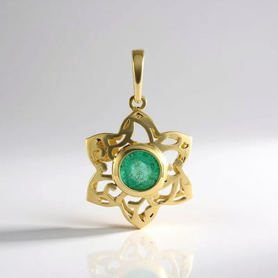 Cavill - Gouden Hanger - 9K Geel Goud - Zambia Smaragd 0,45 ct Rond - Filigraan Bloemvorm - Luxe Elegante Sieraden Groen