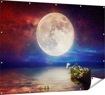 Gards Tuinposter Volle Maan in de Hemel boven het Water - 160x120 cm - Tuindoek - Tuindecoratie - Wanddecoratie buiten - Tuinschilderij