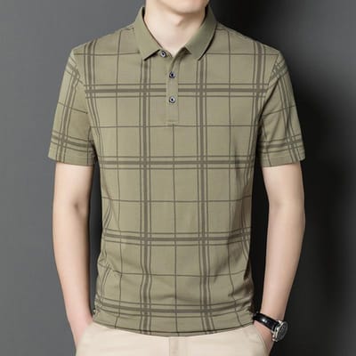 Zomer Koreaans Heren Nieuw Geruit T-shirt met Korte Mouwen Heren Casual Jong en Midden-jarig Knap Revers Trendy Top XXXL beige