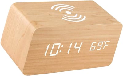 Houten Digitale Wekker met Draadloos Opladen en Dimmer