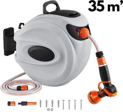Tuinslang - Tuinslanghaspel - Heavy Duty - 35 Meter Slang - Wandslangenbox - 180° Draaibaar- Sterk Oprolmechanisme - Sproeistuk 9 Standen