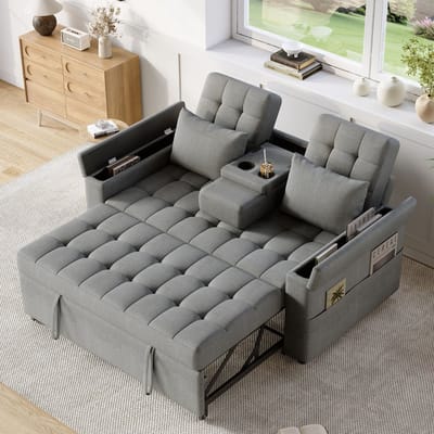 MODFU Slaapbank - Verstelbare Rugleuning En Opbergruimte - Voor Woonkamer - Katoen-Linnen - Grijs - 159 X 142,5 X 92 Cm