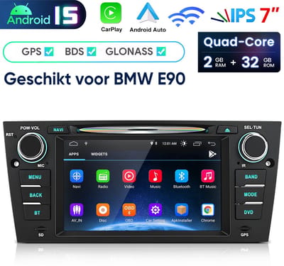 Junsun Android autoradio met CD DVD Geschikt Voor BMW E90 E91 E92 E93 Accessoires, 7 Inch TouchScreen,Draadloze CarPlay & Andriod Auto , GPS-navigatiesysteem, Bluetooth, WiFi, USB, FM, RDS, Plug & Plug