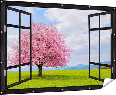 Gards Tuinposter Doorkijk Roze Sakura Bloesem Boom in het Groene Veld - 180x120 cm - Tuindoek - Tuindecoratie - Wanddecoratie buiten - Tuinschilderij