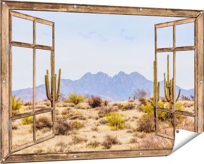 Gards Tuinposter Doorkijk Cactussen in de Woestijn - 150x100 cm - Tuindoek - Tuindecoratie - Wanddecoratie buiten - Tuinschilderij