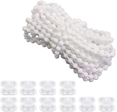 Dailygoods- Rolgordijn Verduisterend - Rolgordijn Zonder Boren - Rolgordijn Ketting 10m - Geschikt voor Rolluiken/Jaloezieën - Wit - 10 Kralen Gespen - Bedieningsketting