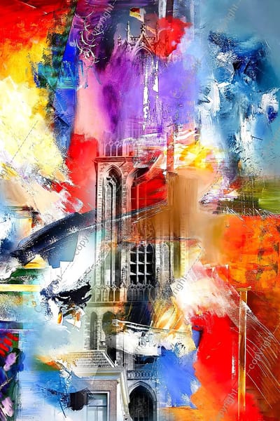 John Joseb Art (Glas) 120x80 | Utrecht, de Domtoren, abstract in olieverf look | Abstract, de Dom , gebouw, stad, rood, blauw, geel, paars | Foto-schilderij-glasschilderij-acrylglas-acrylaat-wanddecoratie | KIES JE MAAT