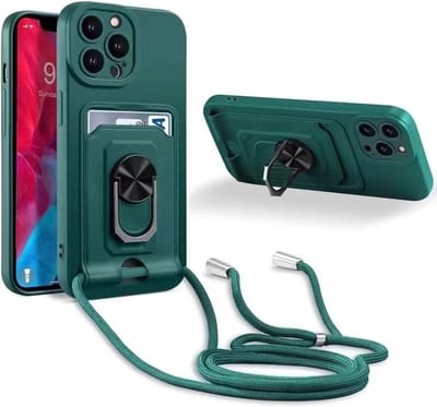 Telefoonhoesje met koord Geschikt voor: Apple iPhone 13 Pro Max - Pasjeshouder - Camerabeschermer - Magnetische Ringhouder - FuturiQ - Donkergroen