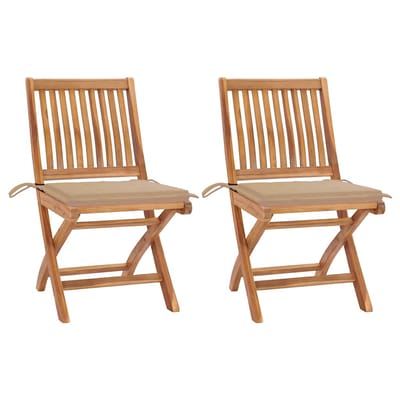 vidaXL - Inklapbare - stoelen - 2 - st - met - beige - kussens - massief - teakhout