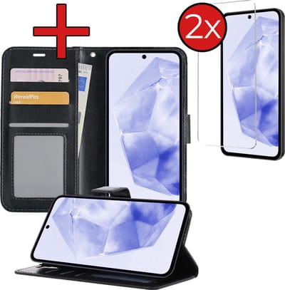 Hoesje - Met 2x Screenprotector - Geschikt voor Samsung Galaxy A35 - Luxe Pasjeshouder - Flip Case - Bookcase Portemonee - Kunstleer Book Case - Flipcase Hoes - Book Cover - Walletcase - Portemonneehoes - Telefoonhoes - Zwart