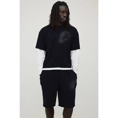 Oversized Ruime B Applicatie Faux Laag Gewassen T-shirt En Short Set | Black | Size Small