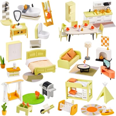 Poppenhuis meubels - Houten set - Rollenspel stimuleren - 36-delig met 4 poppen - 5 kamers - Morandi