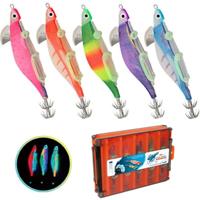 5 pièces leurre de pêche lumineux aux crevettes leurre artificiel dur appât de crevettes en bois avec crochets de calmar multicolore